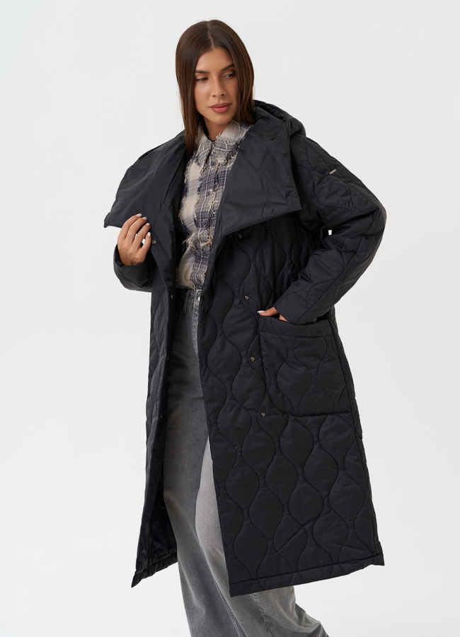 Стеганое пальто с капюшоном модель № 28437 универмаг малина