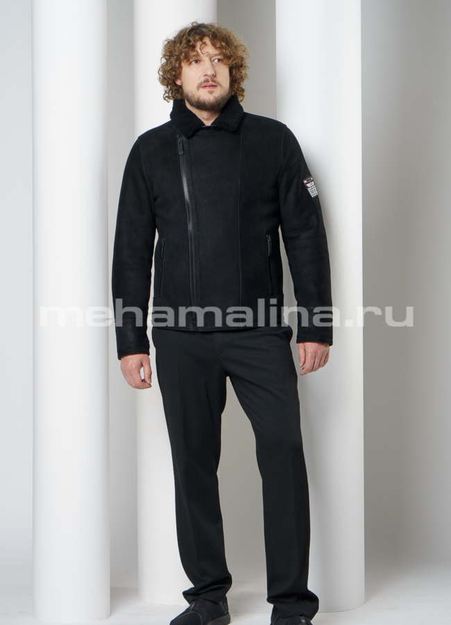 Дубленка черного цвета на молнии с воротником модель № DM-122 в кредит