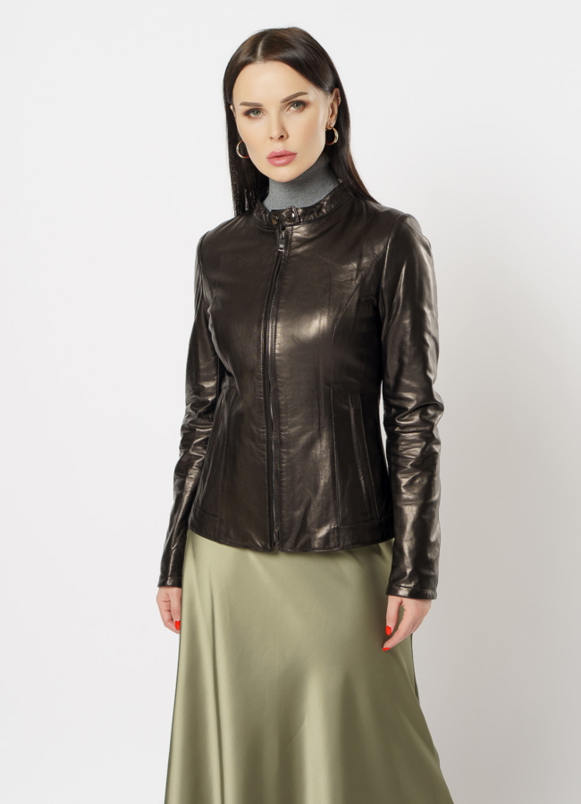 Куртка кожаная на молнии модель № 10627 меха малина