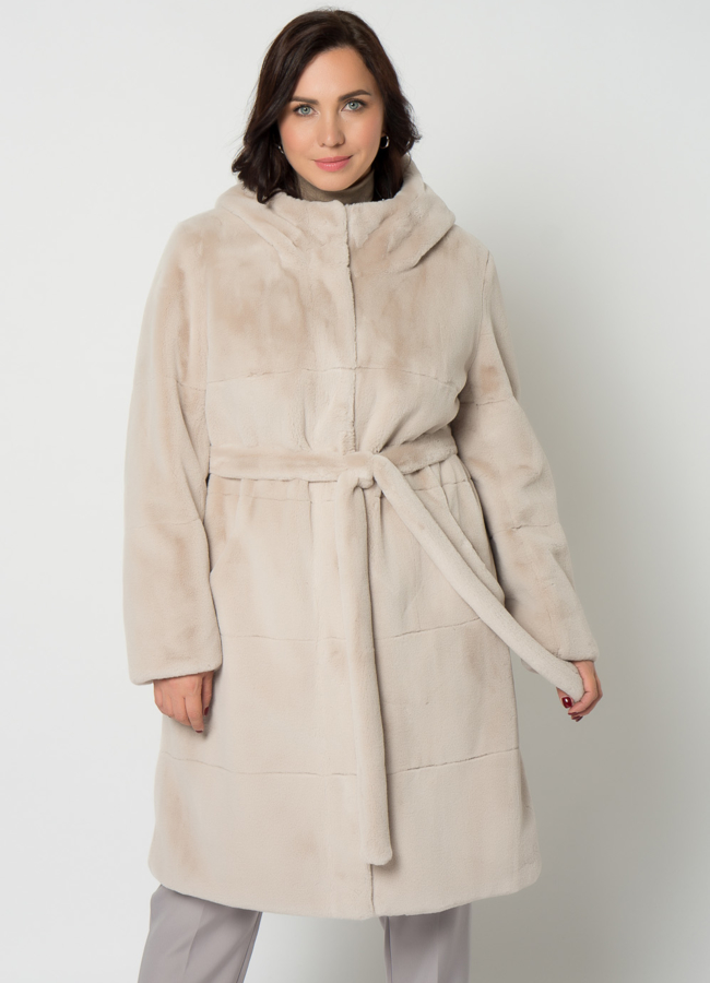 Двухстороннее полупальто из эко меха с капюшоном модель № 19010 меха малина