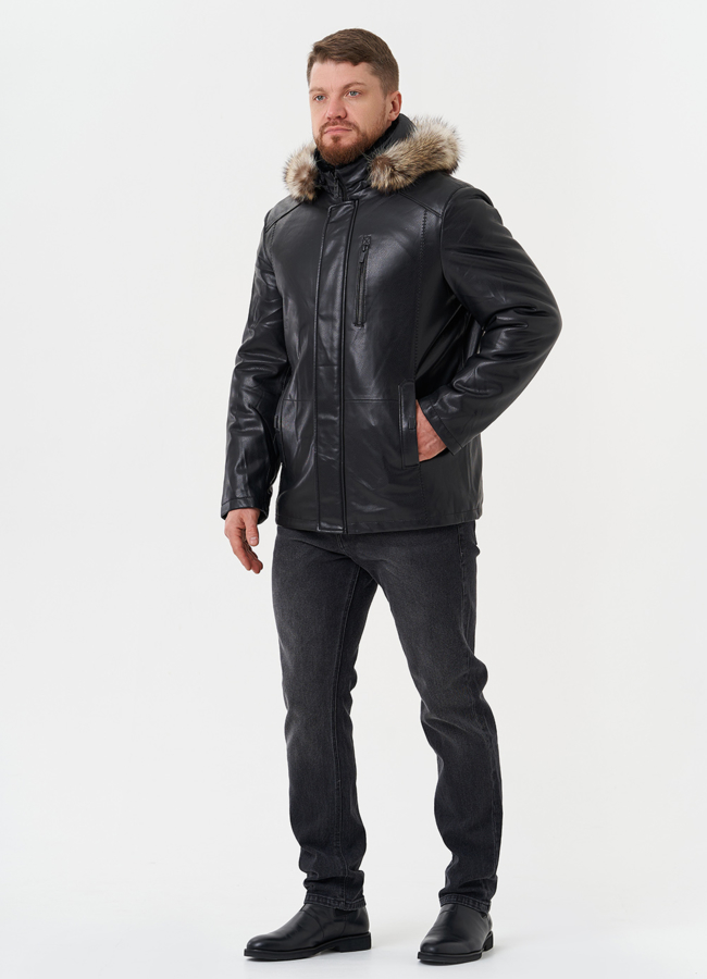 Пуховик из эко кожи с мехом енота модель № 27741 в рассрочку