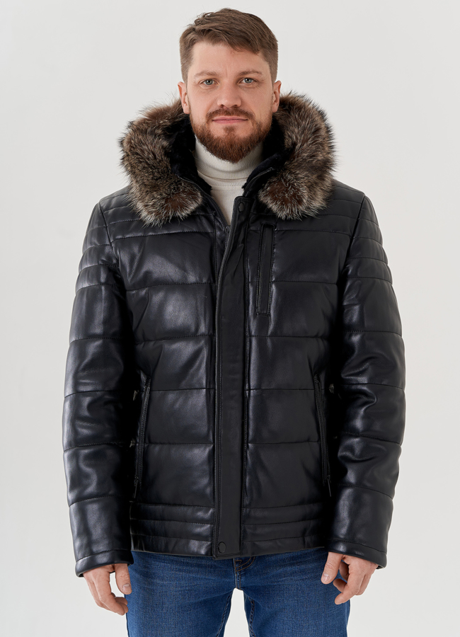 фото Мужской пуховик из эко кожи с капюшоном  модель № 79602
