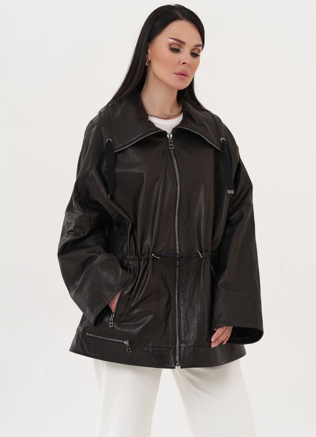 Кожаная куртка оверсайз черного цвета модель № 27140 в кредит