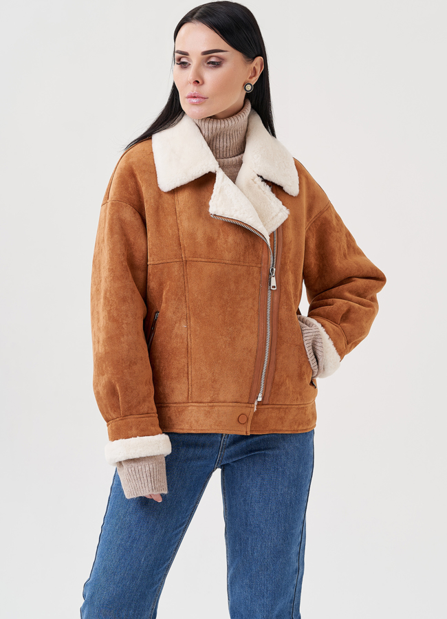 Женская эко дубленка оверсайз модель № 23950 меха малина