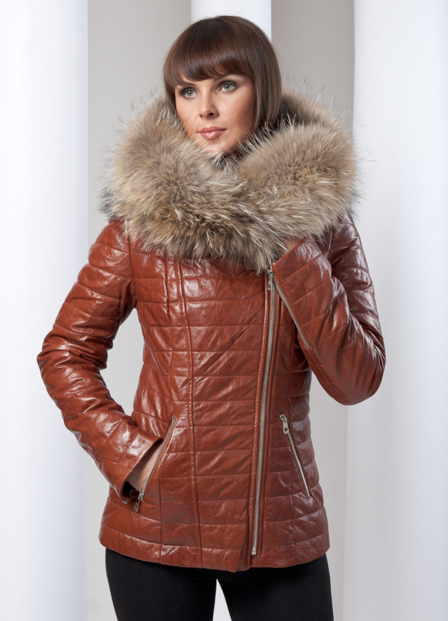 Кожаная куртка с мехом модель № K-58 меха малина