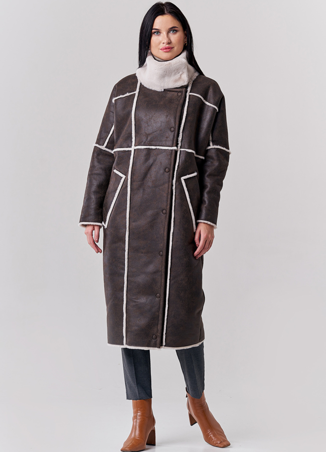 Удлиненная эко дубленка коричневого цвета модель № 21162 универмаг малина