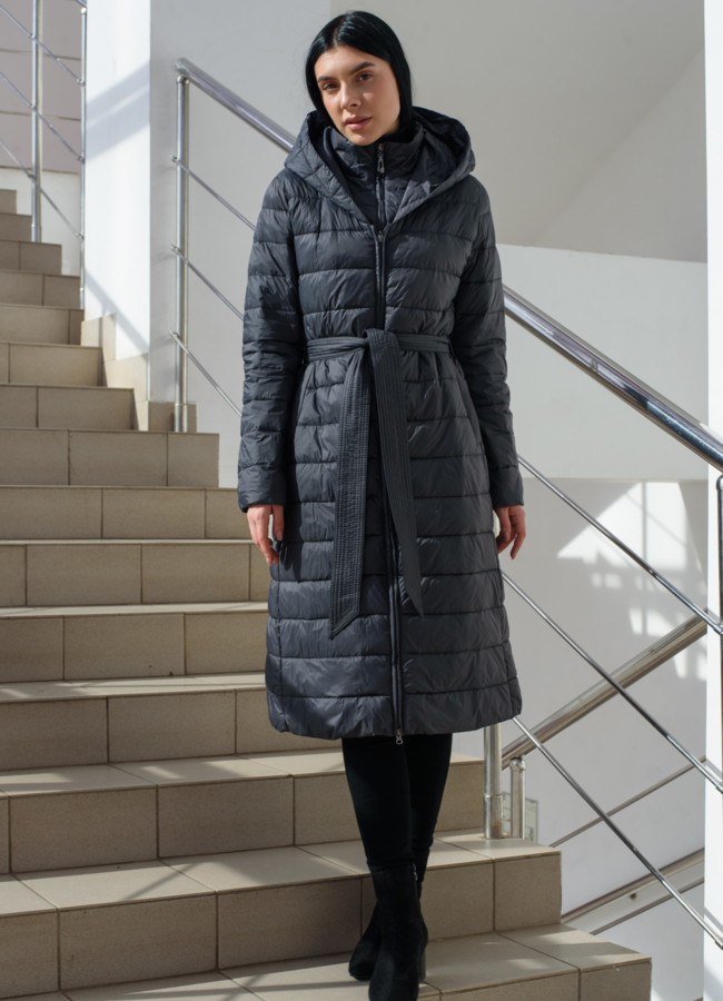 Пальто женское приталенное серого цвета  модель № 22554 в кредит