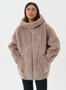 Двухсторонняя эко дубленка с капюшоном