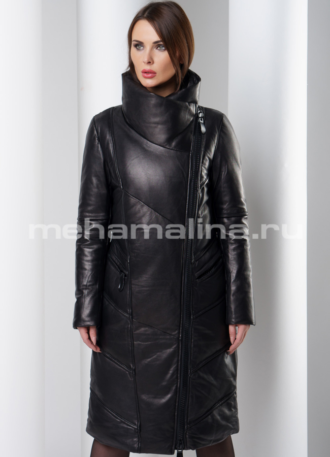 Утепленное кожаное пальто модель № K-385 меха малина