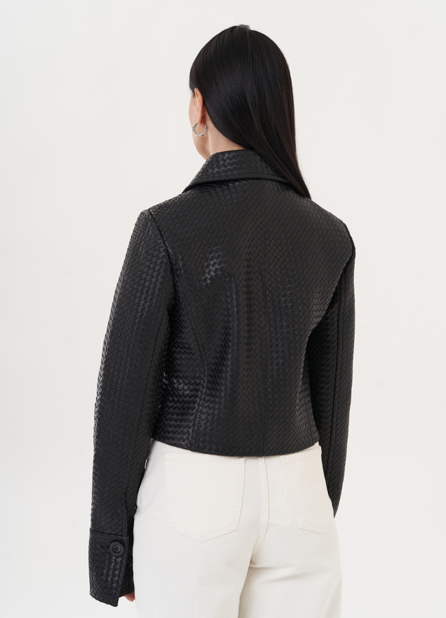 Жакет из натуральной кожи с плетением модель № 26951 универмаг малина