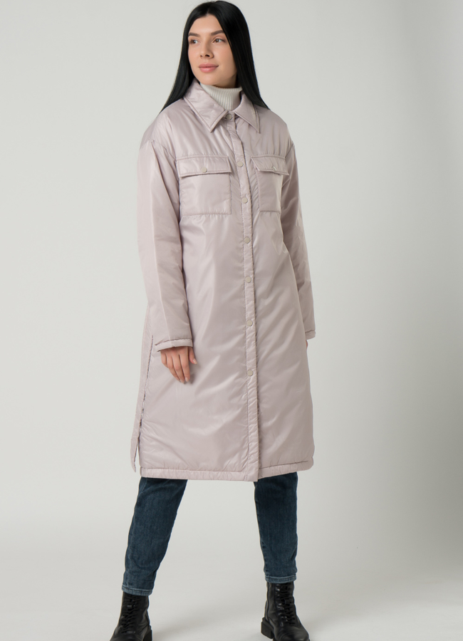 Женское пальто-рубашка бежевого цвета с поясом модель № 22390 универмаг малина