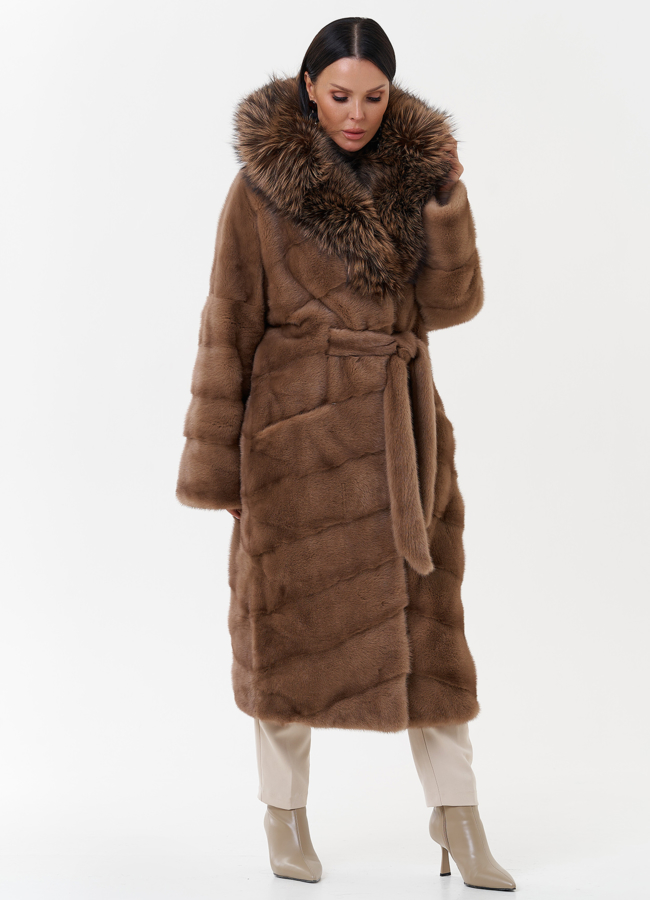 Женская норковая шуба с капюшоном из чернобурки модель № 27638 в кредит