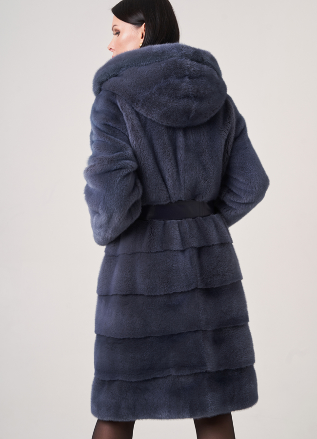 Шуба из норки на поясе с капюшоном модель № S-756 в кредит