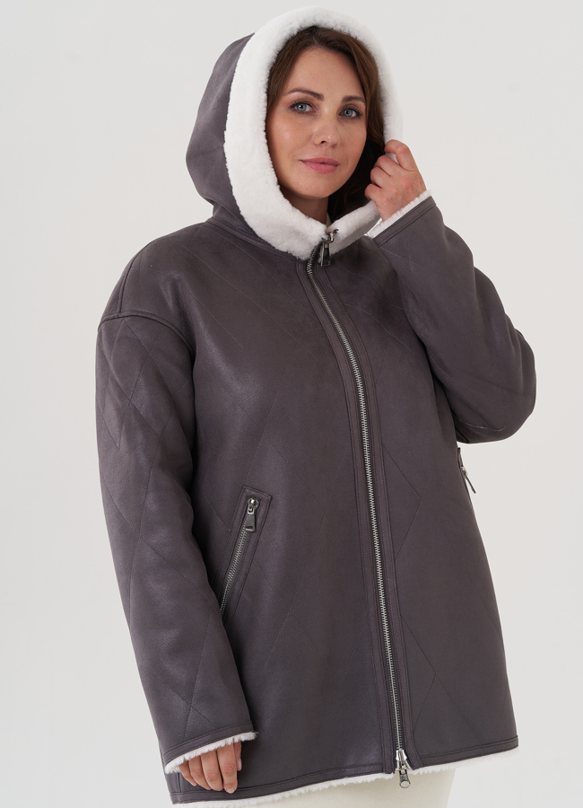 Женская дубленка с капюшоном  модель № 81989 универмаг малина