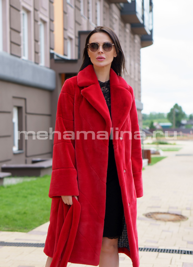 Шуба из искусственного меха красного цвета модель № 888 меха малина