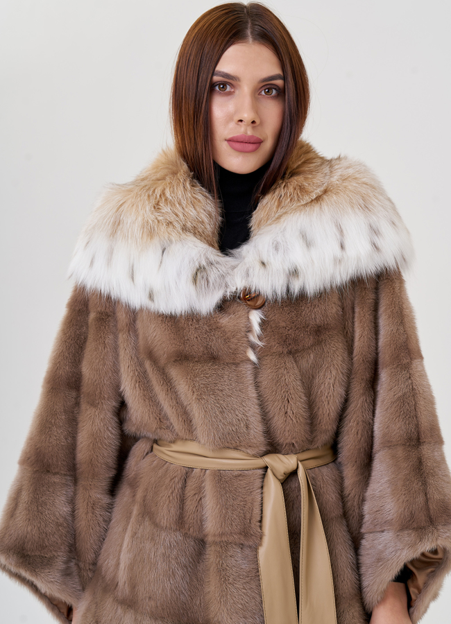 Норковая шуба в цвете пастель с рысью модель № 23306 универмаг малина