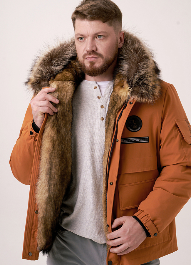 Мужская парка с меховой отделкой  модель № 387 меха малина