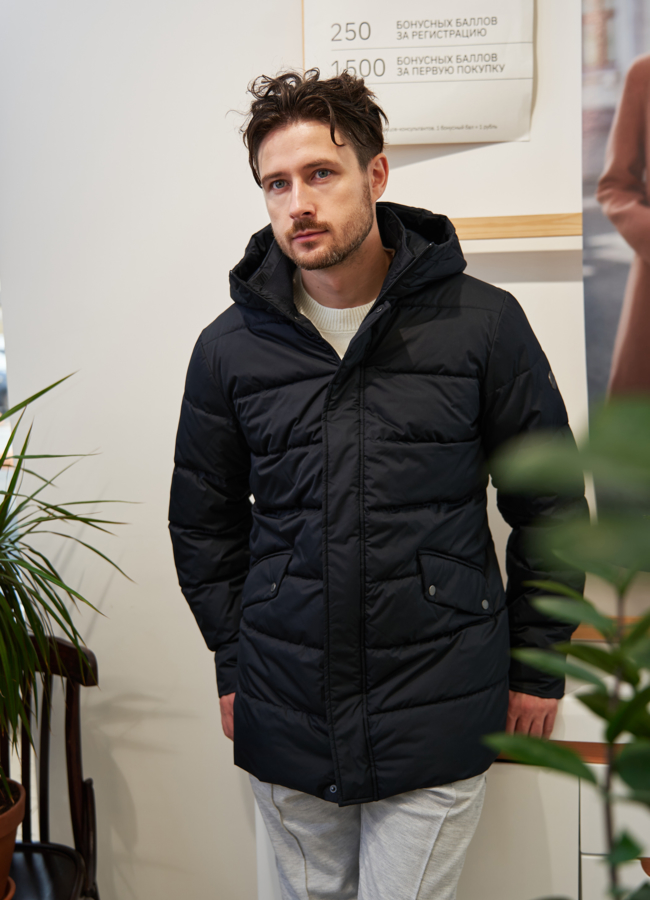 Мужской пуховик синего цвета с капюшоном  модель № 78878 в кредит