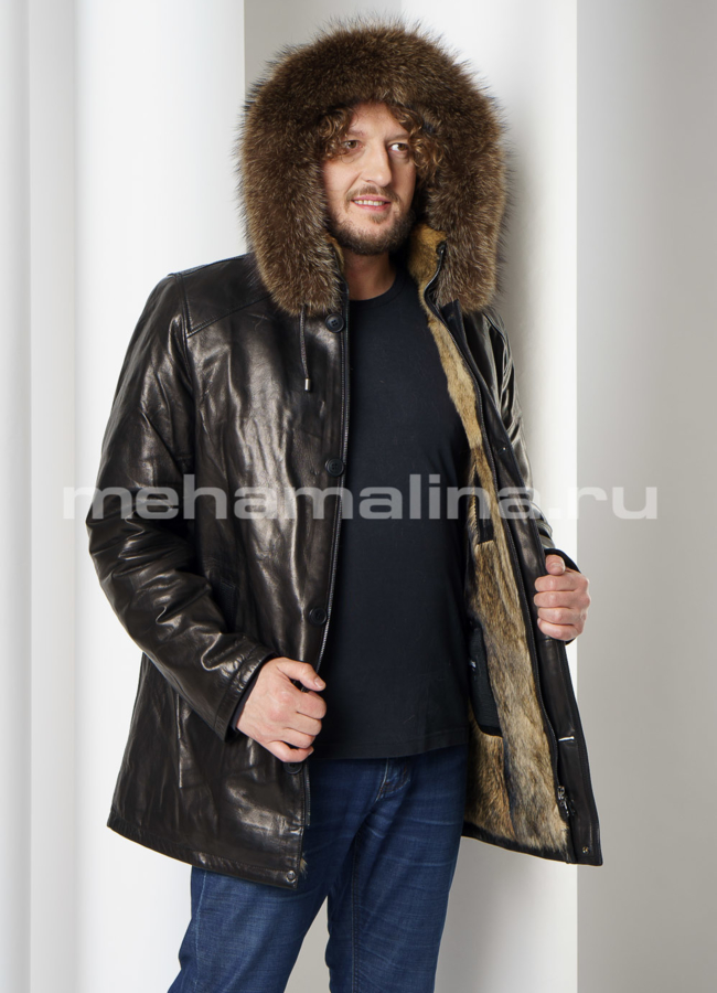 Дубленка из натуральной кожи на волке модель № DM-133 меха малина