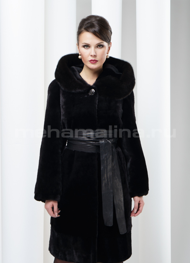 Шуба мутон, цвет коричневый модель № S-135 меха малина