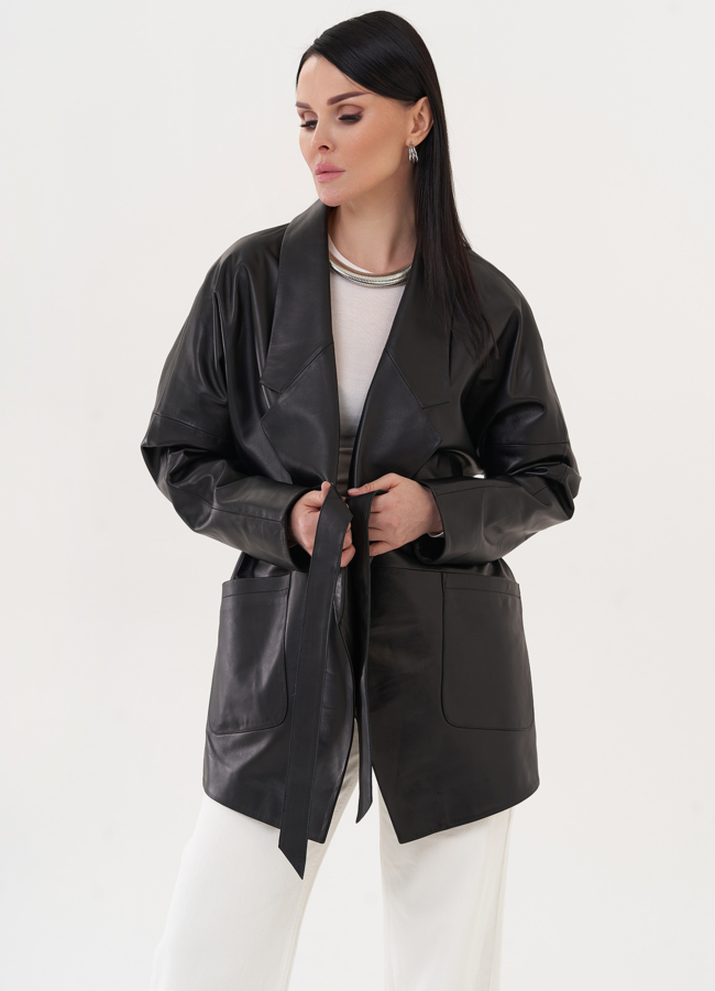 Кожаная куртка-пиджак с поясом модель № 26952 универмаг малина