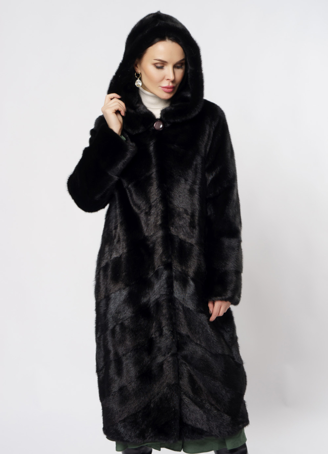 Шуба из норки с капюшоном черного цвета модель № 381 универмаг малина