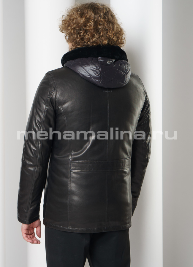 Пуховик из натуральной кожи с капюшоном модель № ПМ-110 в кредит