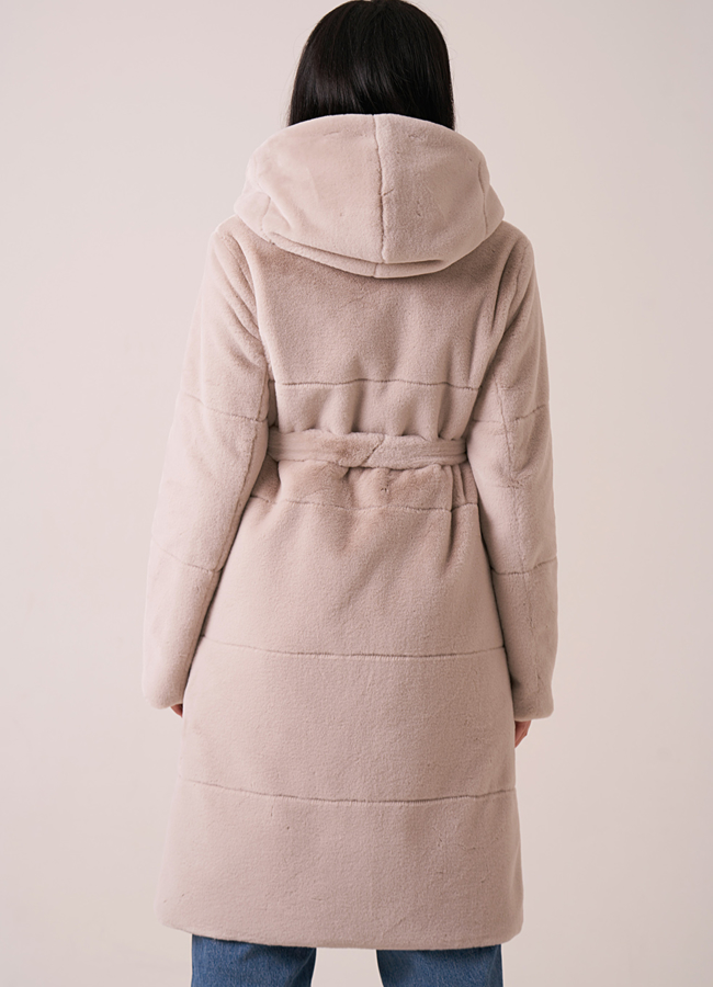 фото Двусторонняя эко шуба из искусственного меха с капюшоном на поясе модель № 1062