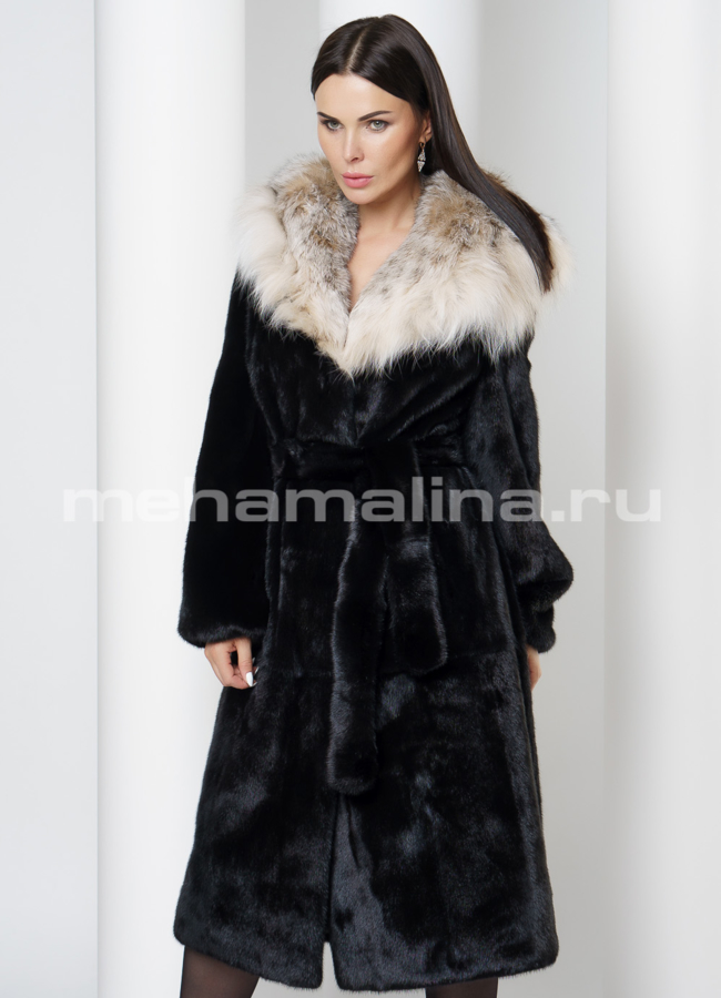 Шуба из норки с рысью модель № S-716 меха малина
