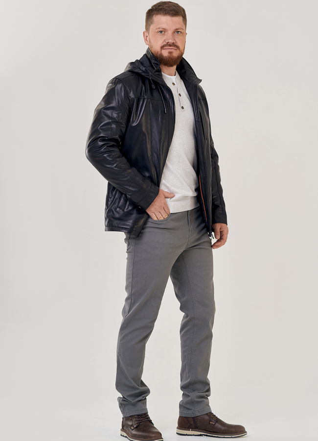 Мужская кожаная куртка с капюшоном модель № 23146 в рассрочку