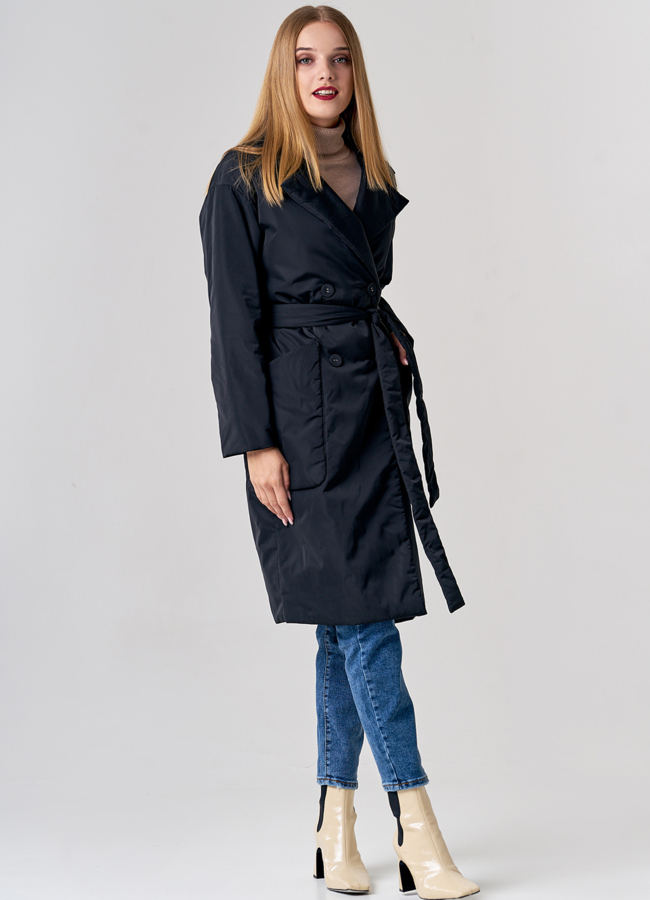 Двубортное плащевое пальто в черном цвете модель № 21156 универмаг малина