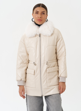 Пуховик из эко кожи с мехом песца