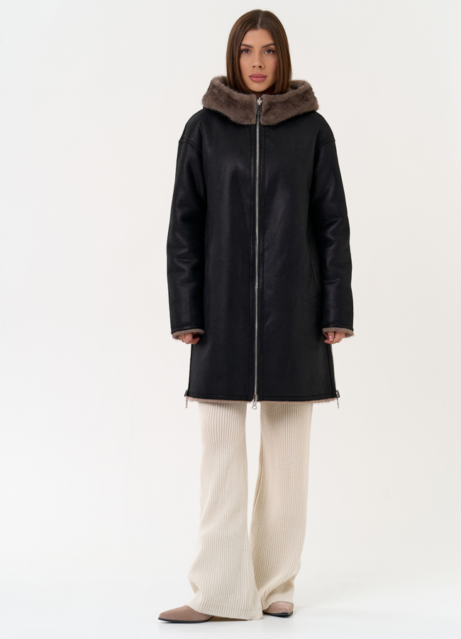 Женская двухсторонняя дубленка из эко замши с капюшоном модель № 31434 в рассрочку Женская двухсторонняя дубленка из эко замши с капюшоном модель № 31434 в рассрочку