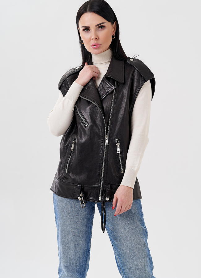 Жилет женский из натуральной кожи  модель № 24100 меха малина