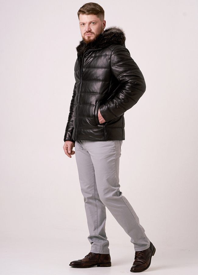 Пуховик из натуральной кожи на молнии с капюшоном модель № 1829 в кредит