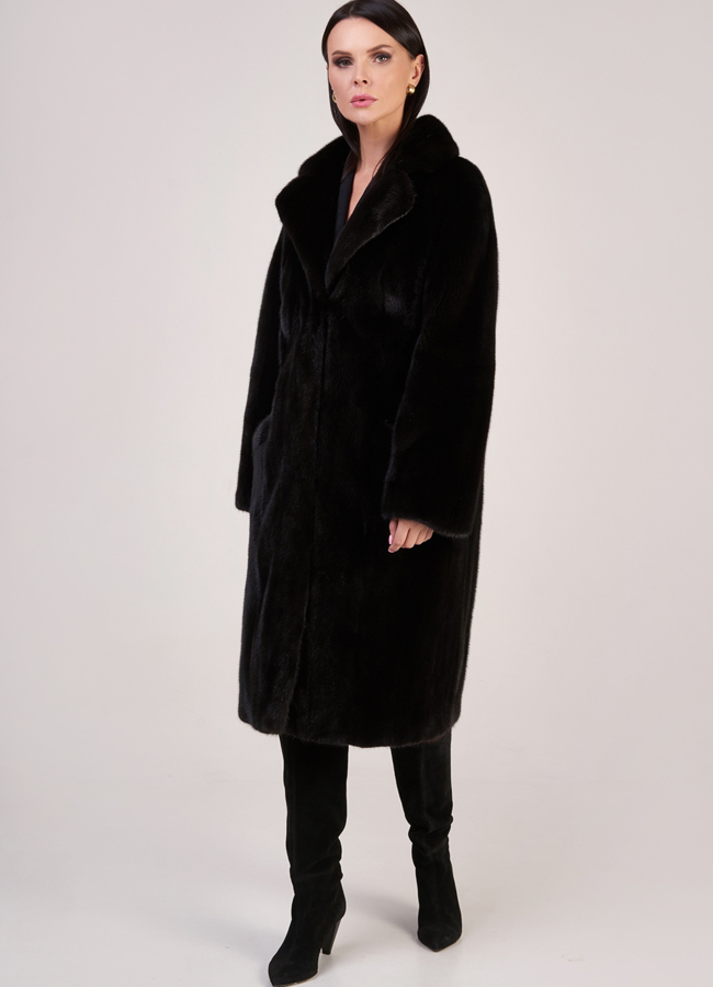 Норковая шуба в черном цвете прямая с английским воротником  модель № S-841 универмаг малина