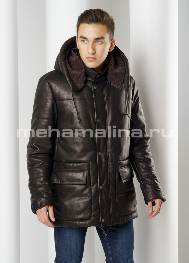 Пуховик Perre из натуральной кожи  модель № ПМ-93 меха малина