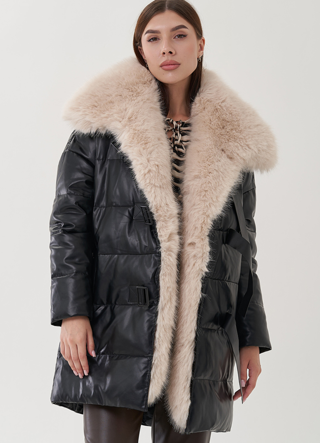 Пуховик из эко кожи с воротником из эко меха  модель № 24868 меха малина