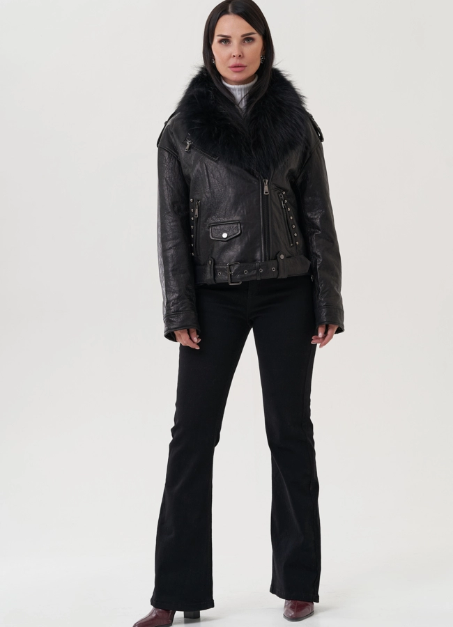 фото Женская куртка из натуральной кожи с отделкой из меха песца модель № 25372