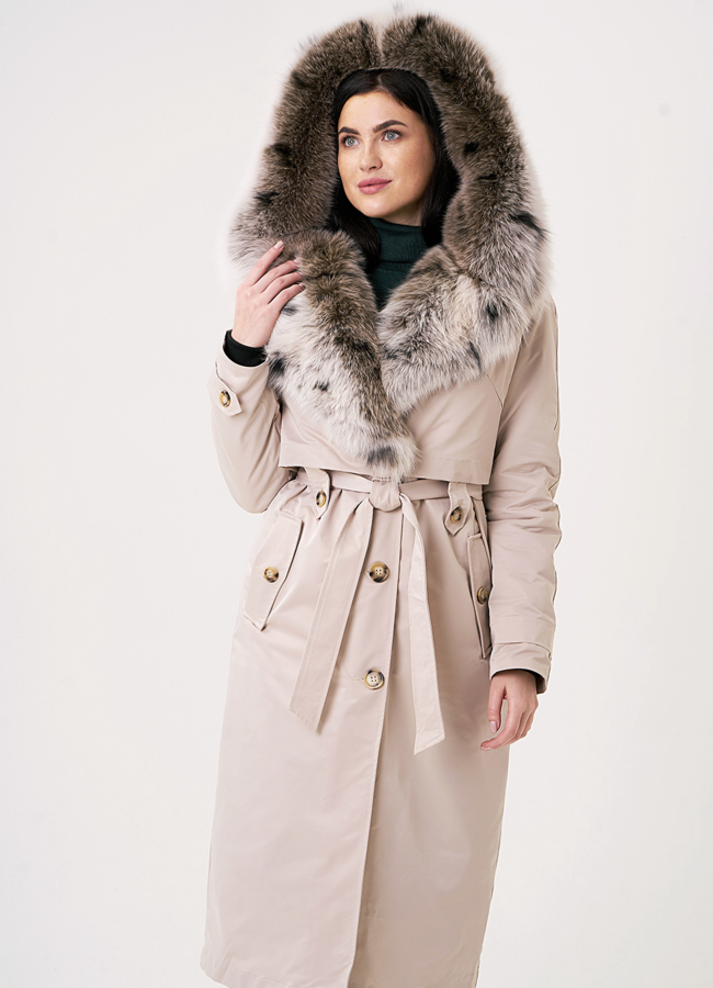 Бежевая удлиненная парка с песцом модель № 69121 в кредит
