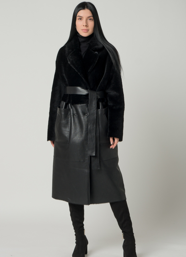 Двусторонняя женская дубленка с английским воротником модель № 22246 меха малина