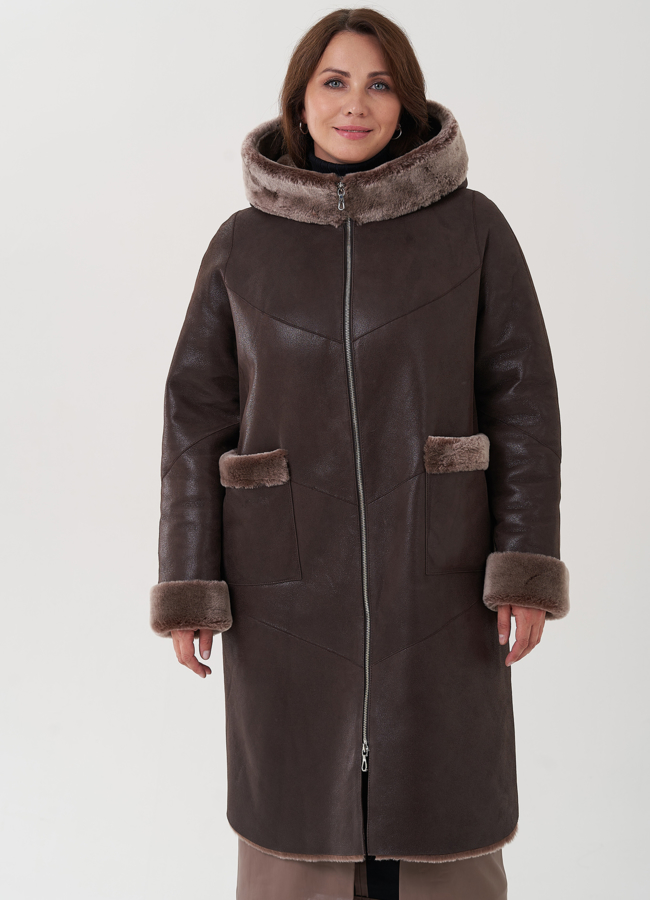 Женская дубленка с капюшоном  модель № 81838 меха малина