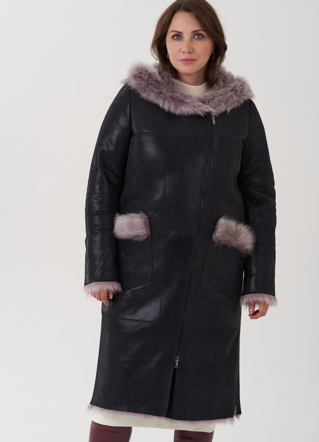 Женская дубленка с капюшоном  модель № 25771 меха малина