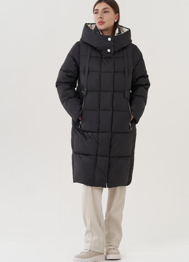 Женский пуховик с капюшоном черного цвета  модель № 25781 универмаг малина