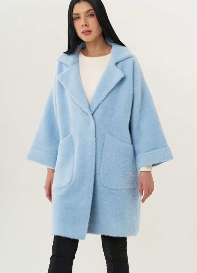 Женский кардиган голубого цвета модель № 1829 меха малина