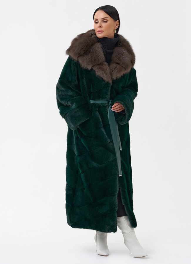 Длинная зеленая шуба из норки модель № 29253 универмаг малина