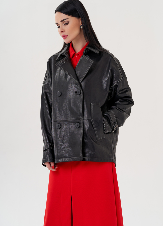 Куртка из натуральной кожи с двубортной застежкой модель № 24092 меха малина