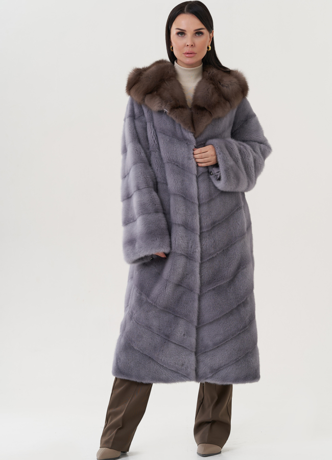 Шуба из норки с капюшоном из куницы  модель № 25300 универмаг малина