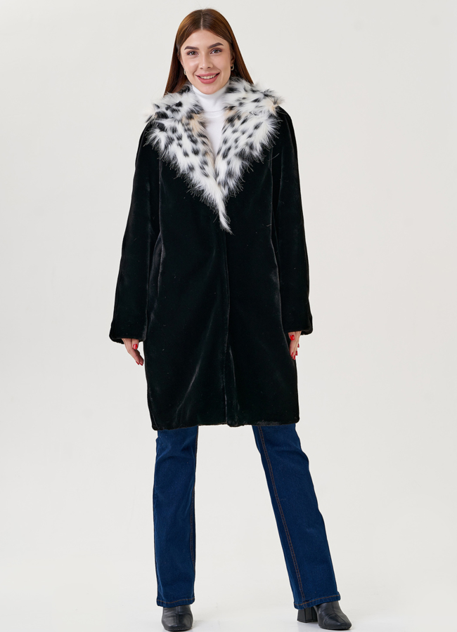 Полупальто черного цвета  с воротником из искусственной рыси  модель № 79438 универмаг малина
