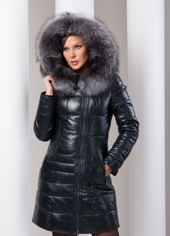 фото Кожаный пуховик с чернобуркой модель № П-4
